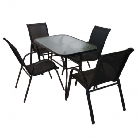 5 PIECE KD PATIO TABLE AND CHAIRS SET                                              Steel Rectangle  table  - Size 120x70x70cm                                                KD Steel textilene Stacking chair
Size: 89(H)x55(W)x65(D)cm